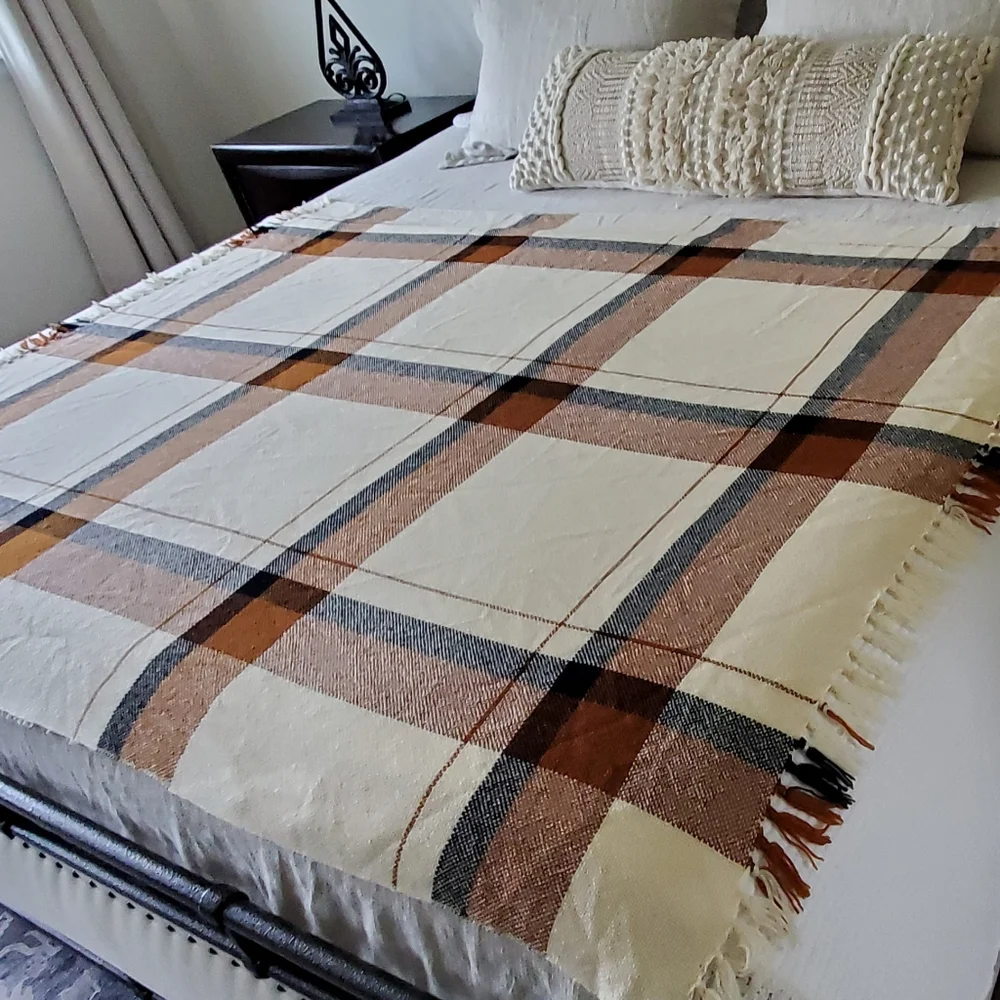 We Three Weavers Handwoven 100% Wool Cream/Black/Terra Cotta Plaid Throw Blanket